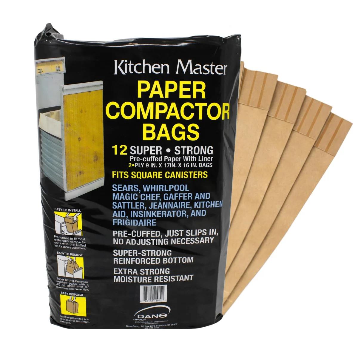 Brown paper compactor bags, pack of twelve, pre-cuffed, heavy duty