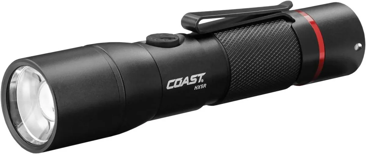 Cheezee HX5R rechargeable LED flashlight with slide focus, matte black cylindrical body, USB charging port visible