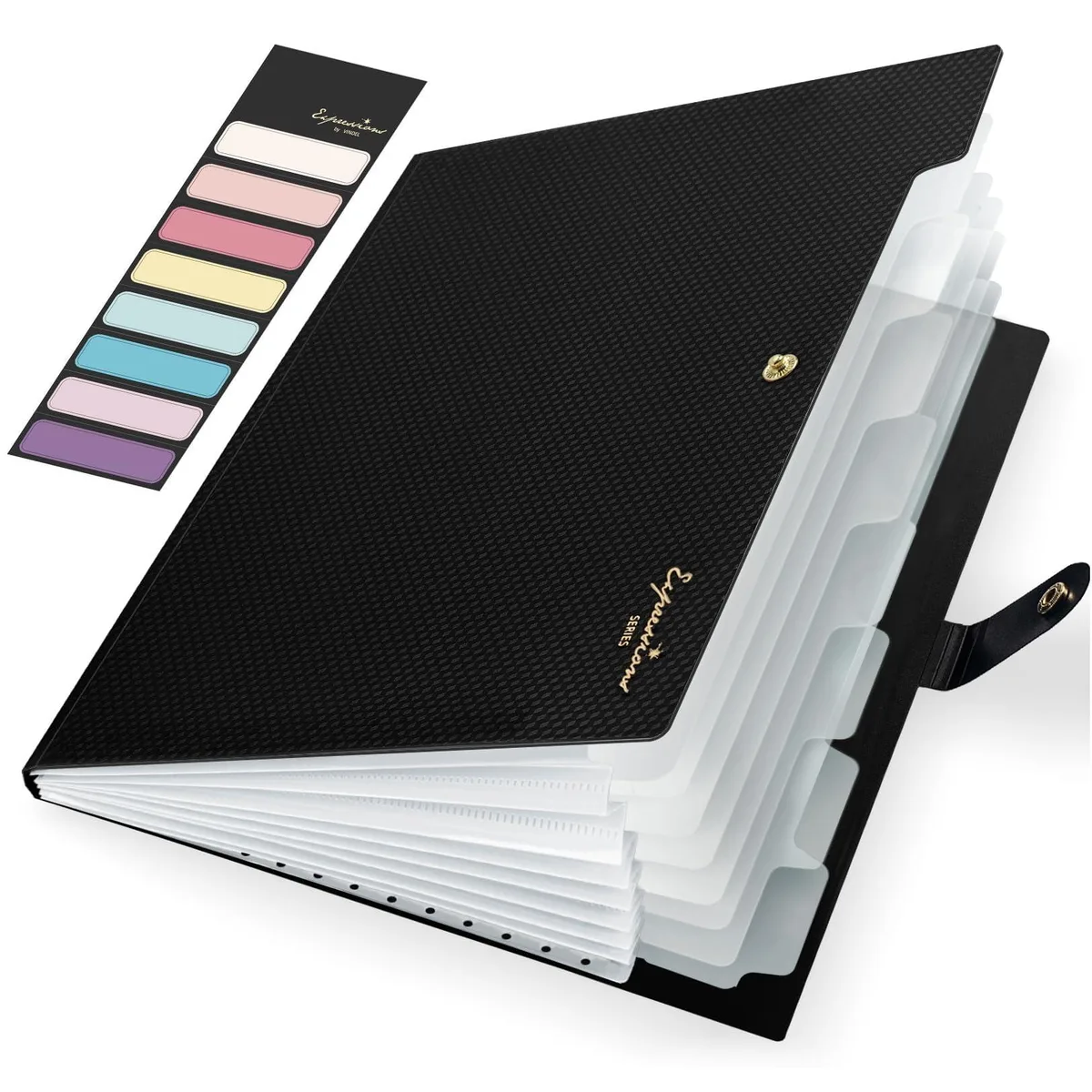 Black expanding wallet folder with eight tabbed pockets and snap closure