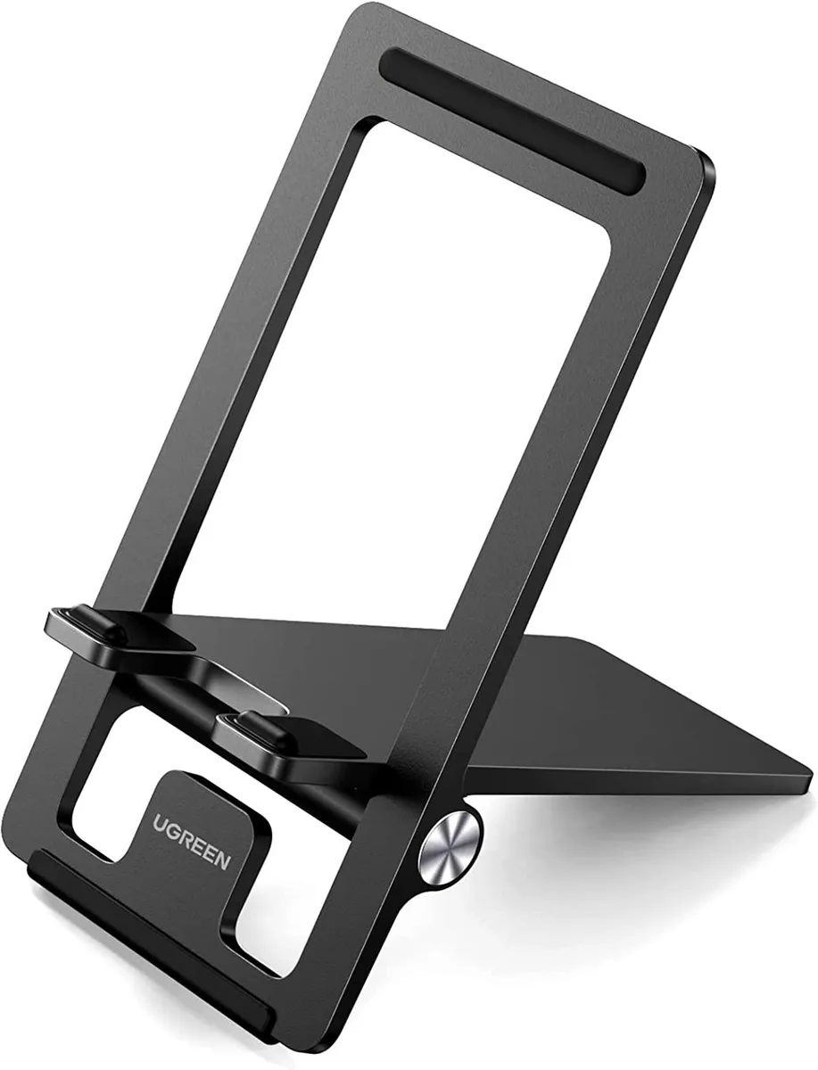 Black foldable phone stand, slim hinge, adjustable angle, charging port cutout
