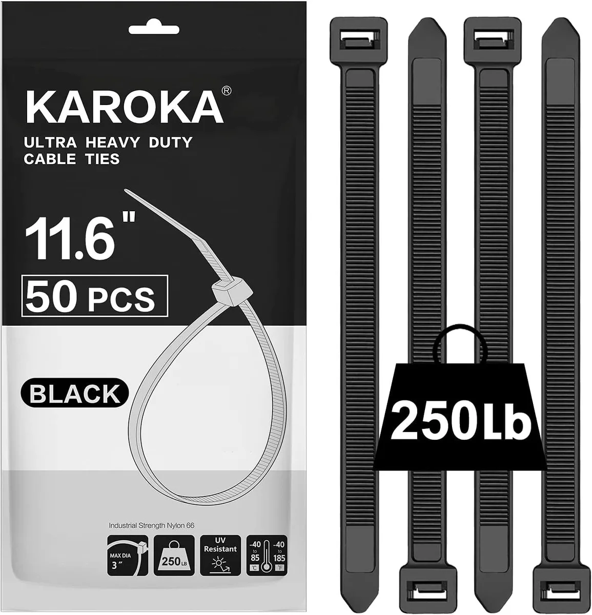 Ennovor Ennovor Industrial Zip Ties 250 lbs 11.6 inch 50 Pieces — product photo