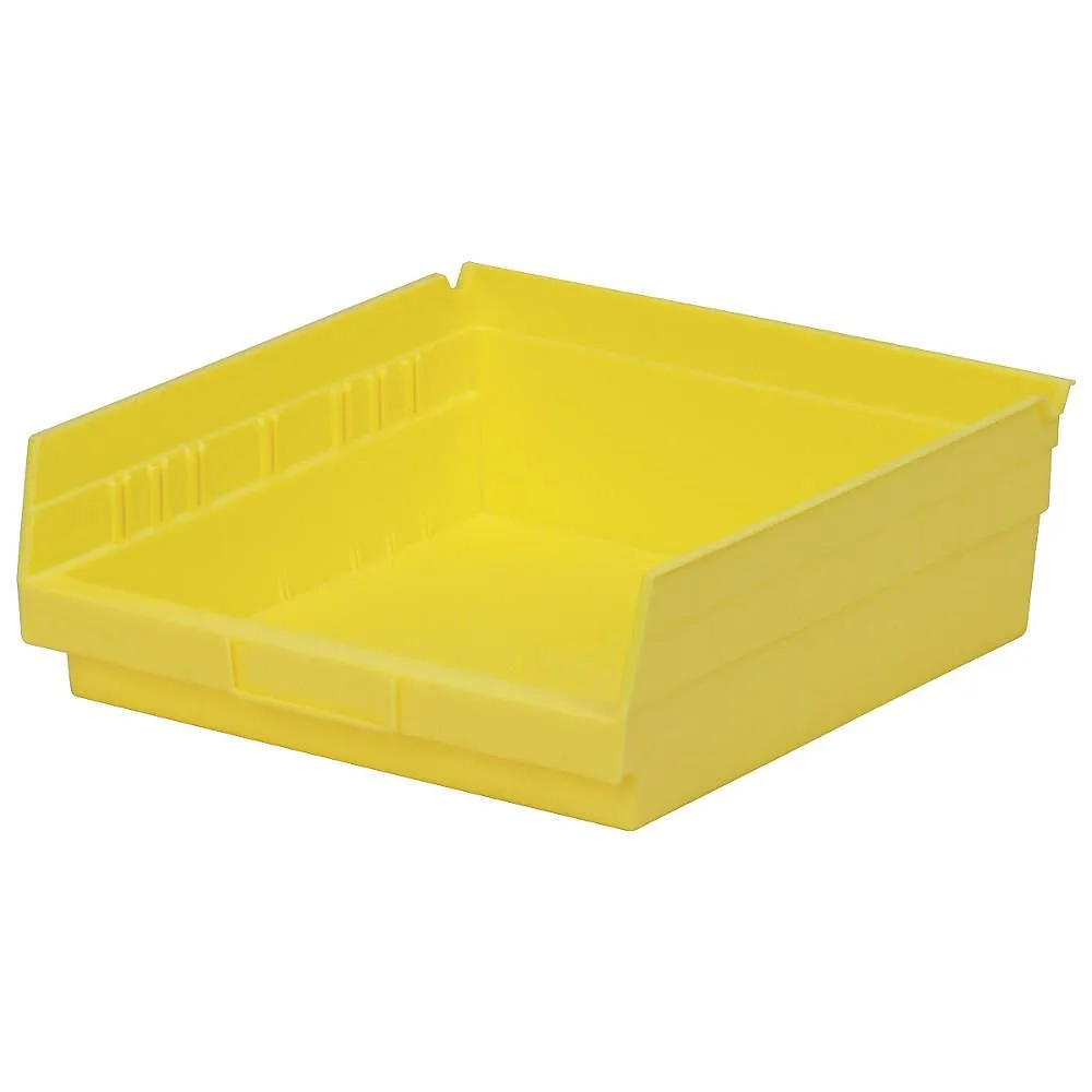 Yellow plastic shelf storage bin with molded label area and hangable design