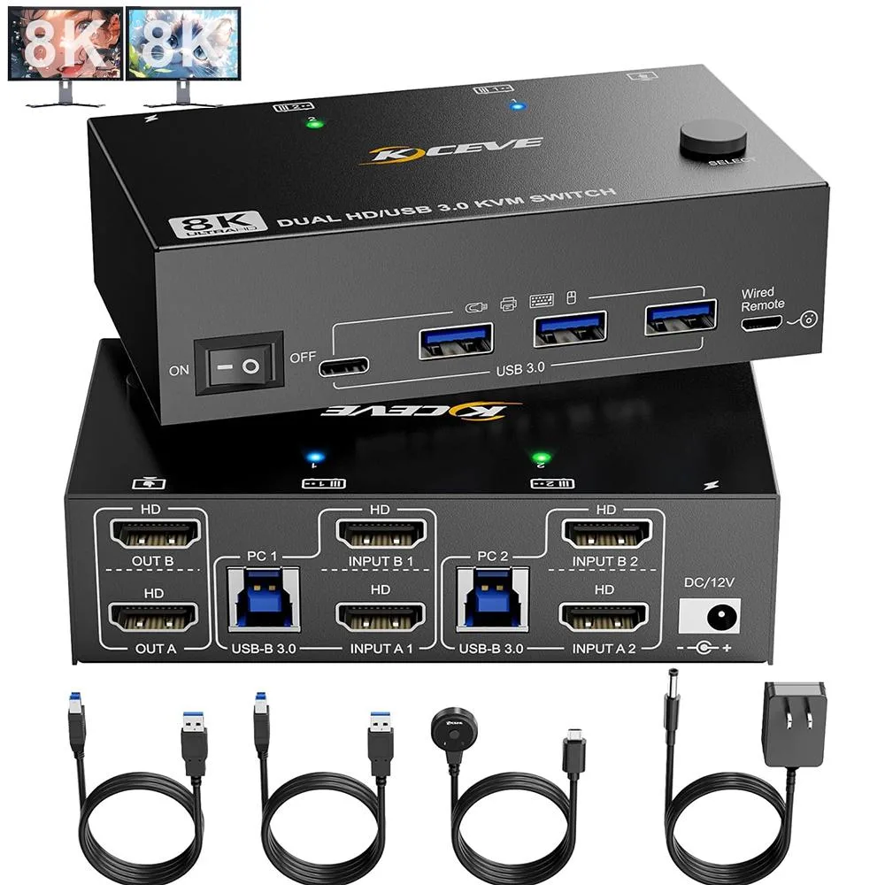 Hitoor Hitoor Dual Monitor KVM Switch 2 PCs 8K@60Hz 4K@120Hz 4 USB 3.0 Wired Remote — product photo