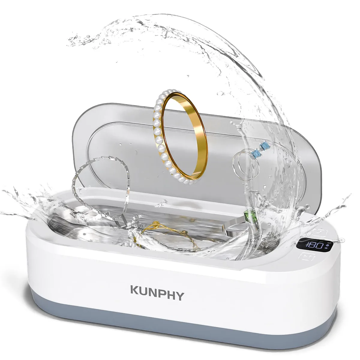 White 350ml ultrasonic cleaner with digital display and touch controls
