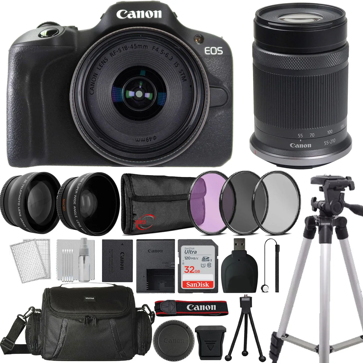 Canon Canon EOS R100 Compact Mirrorless Camera Black with RF-S 18-45mm and RF-S 55-210mm Lenses Bundle — product photo