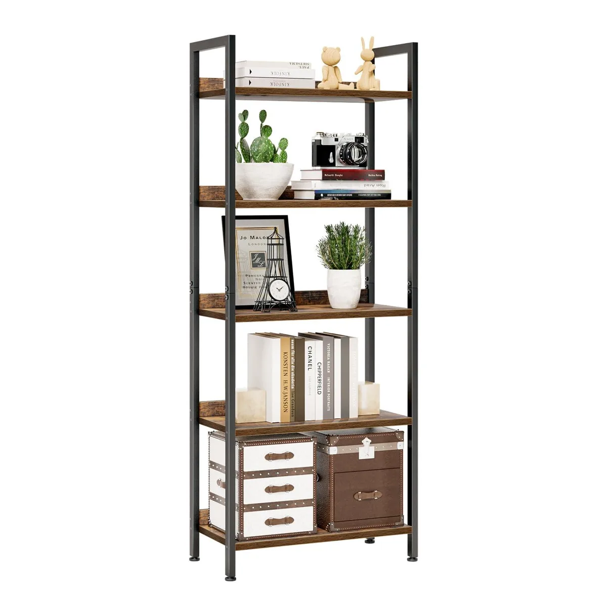 Black five-tier bookshelf, metal frame with wood shelves, 23.6 by 11.8 by 60.4 inches