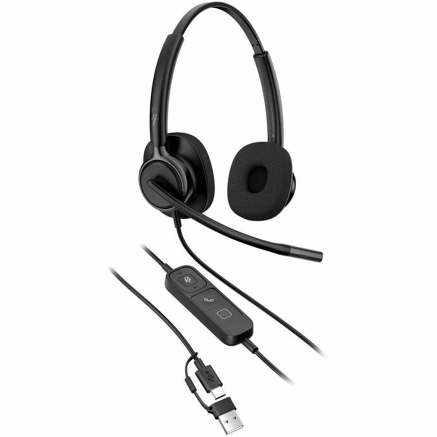 Poly Mission 425 binaural USB wired headset, matte black finish, over-ear cups, padded headband, flexible boom microphone