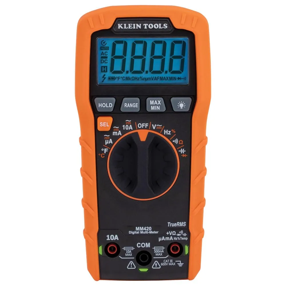 Orange digital multimeter with LCD display, rotary selector and test leads