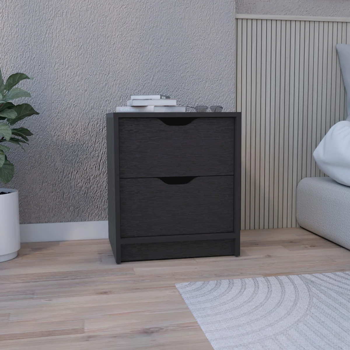 Black particle-board nightstand 19"H with two pull-out drawers and large top surface