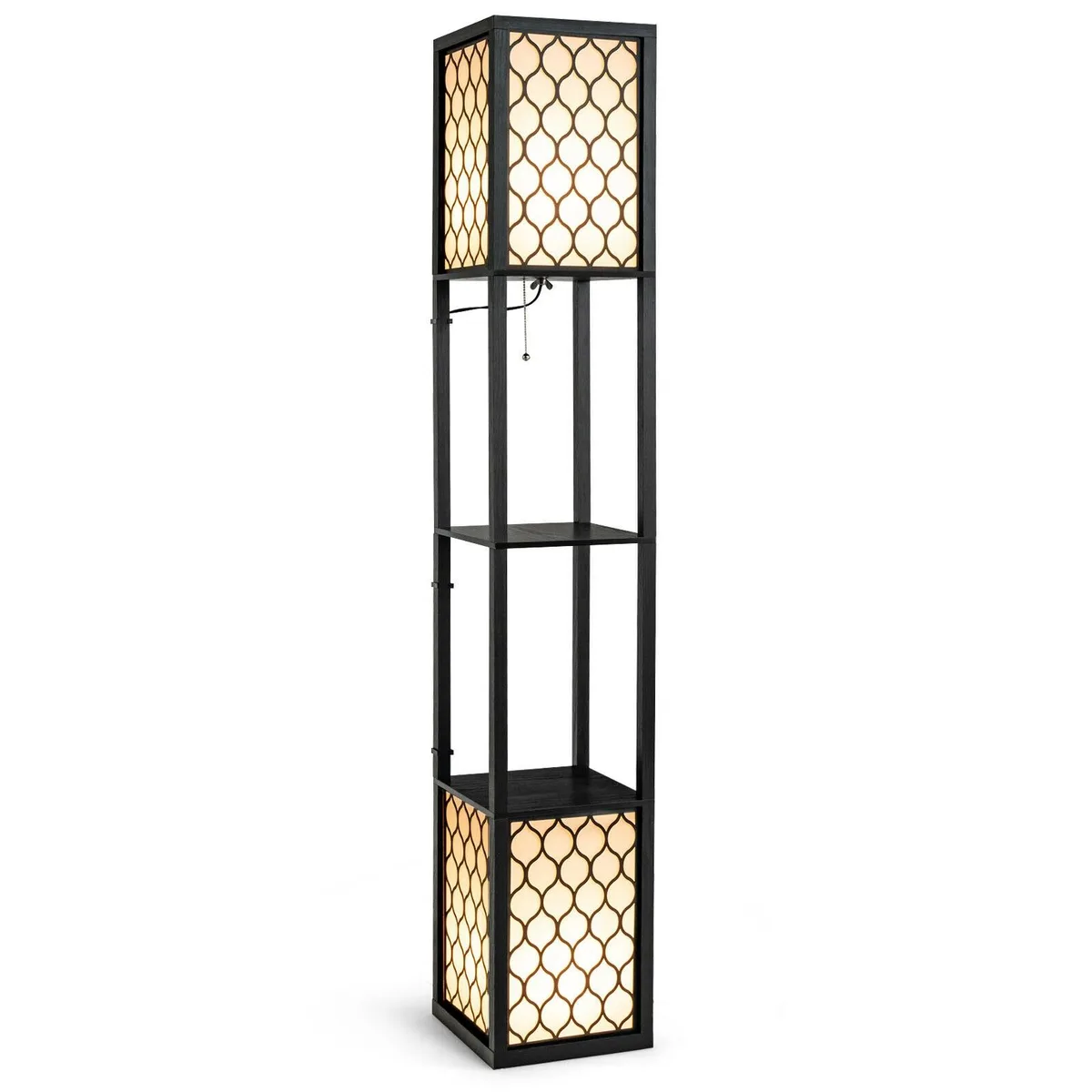Black freestanding floor lamp with two fabric shades two shelves pull chains and foot switch 62in tall