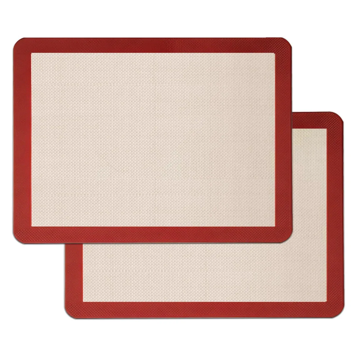 Two rectangular red and yellow silicone baking mats lying flat side by side