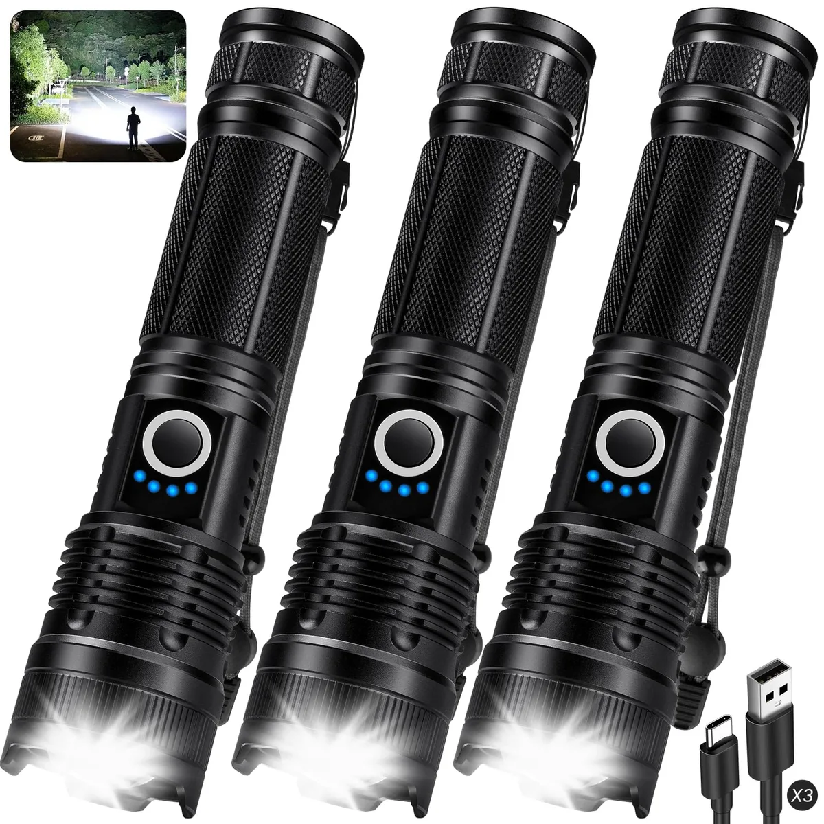 Three compact black aluminum flashlights with textured grips and power indicator lights