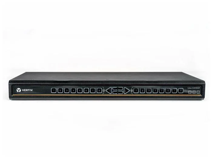 Black desktop KVM switch with multiple ports and cables