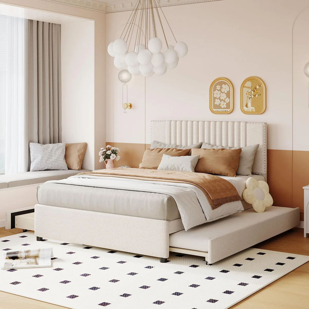 Beige linen upholstered platform bed with classic headboard, two drawers and trundle