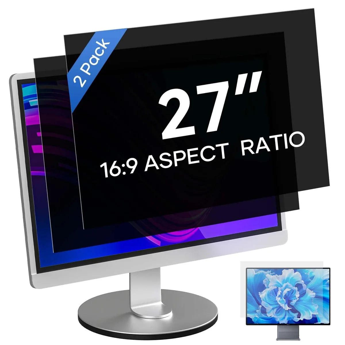 Two matte privacy filters for 27 inch 16:9 monitors, each 598 by 337 mm