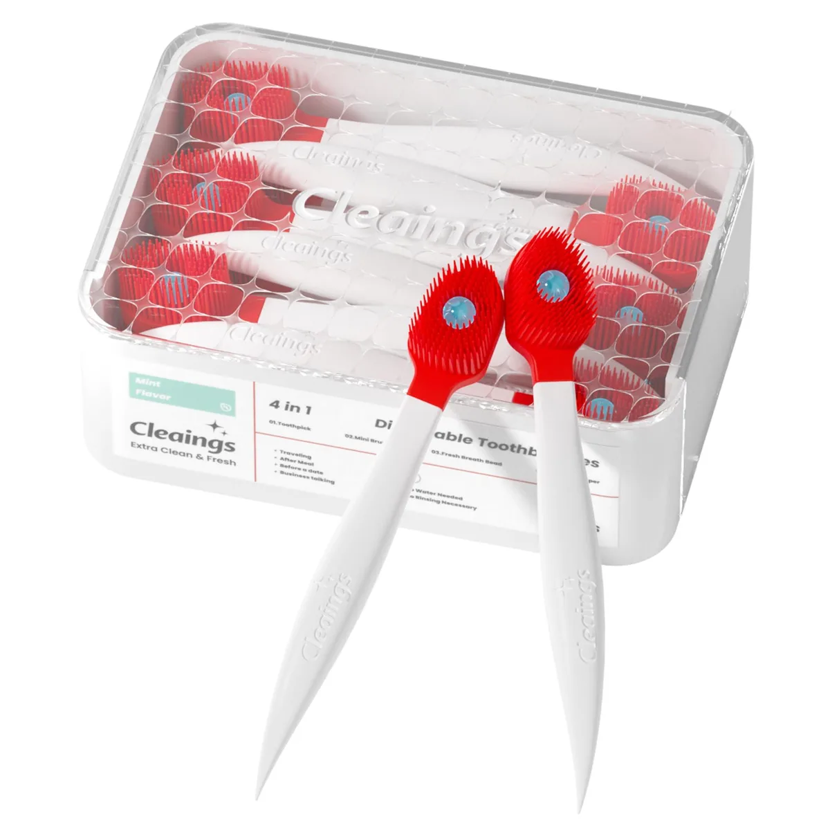Red disposable toothbrush set, 20 mint-flavoured pieces with built-in toothpaste and tongue scraper