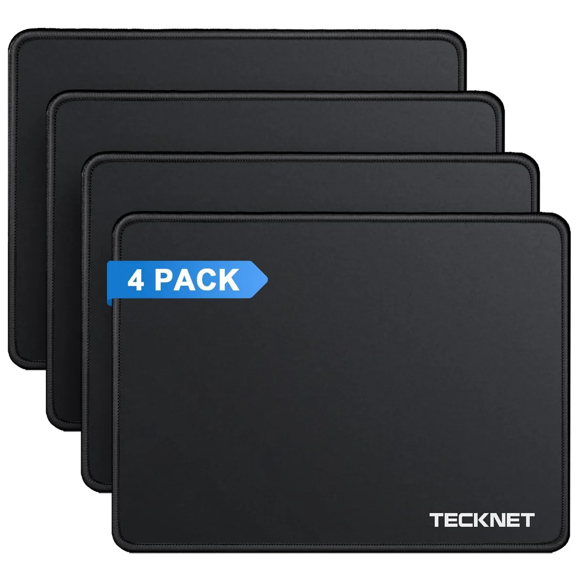 Four black rectangular mouse pads with stitched edges lying flat