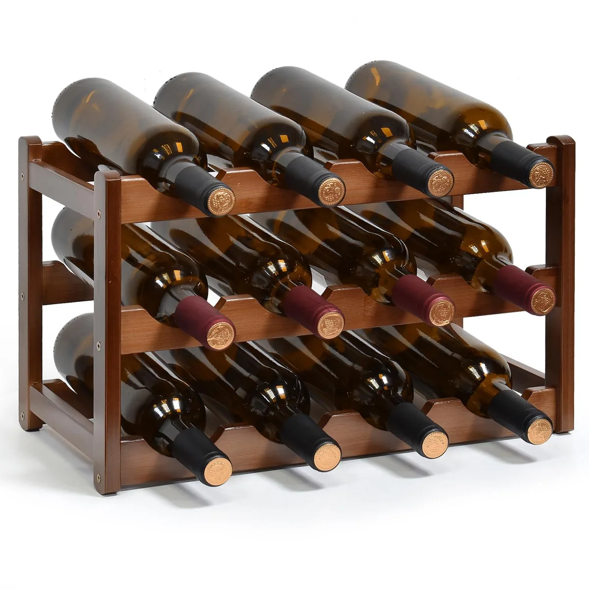 Brown wooden three-tier wine rack holding twelve bottles, 17 by 9.3 by 9.8 inches