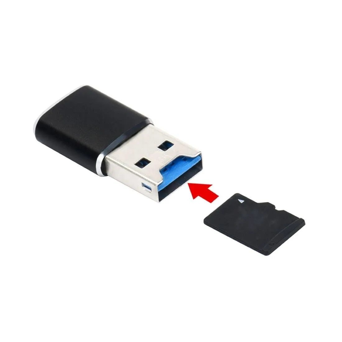 Black USB 2.0 micro SD card reader, slim stick with rope hole