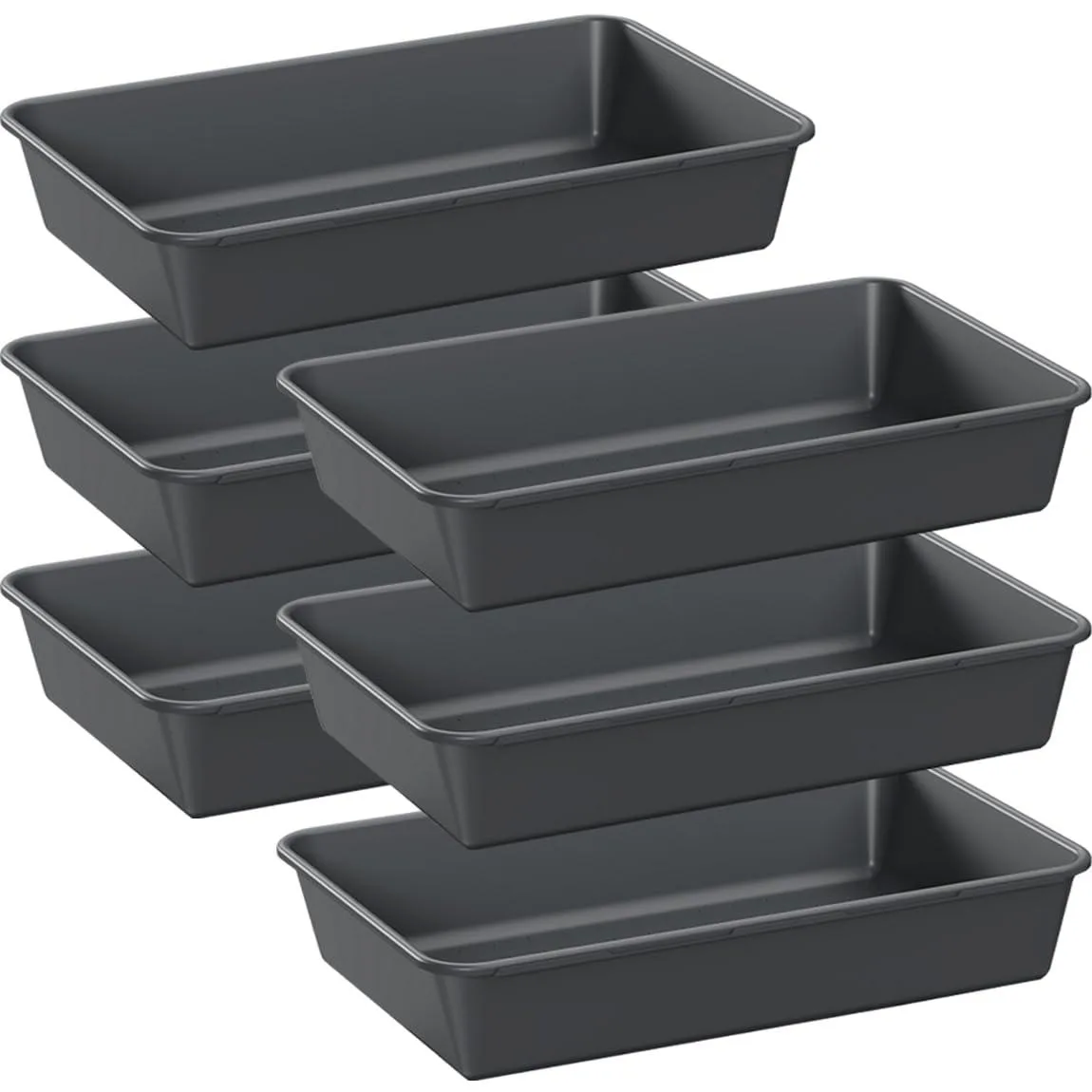 Six rectangular plastic trays in a stack, translucent white with smooth sides