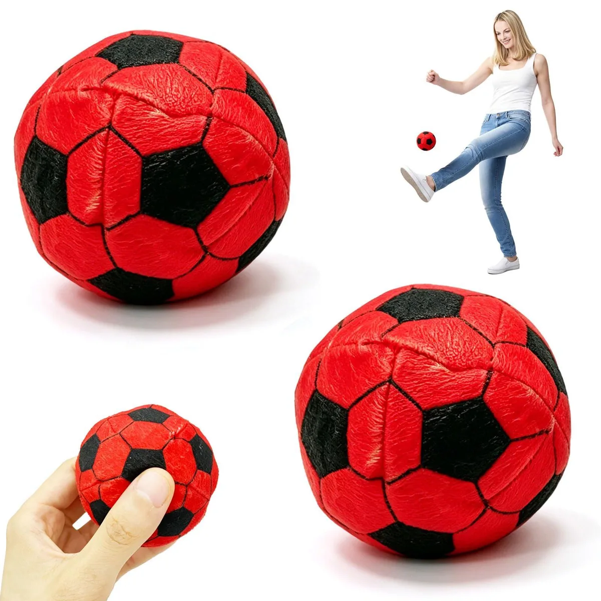 Two small red and black soccer-patterned plush footbags