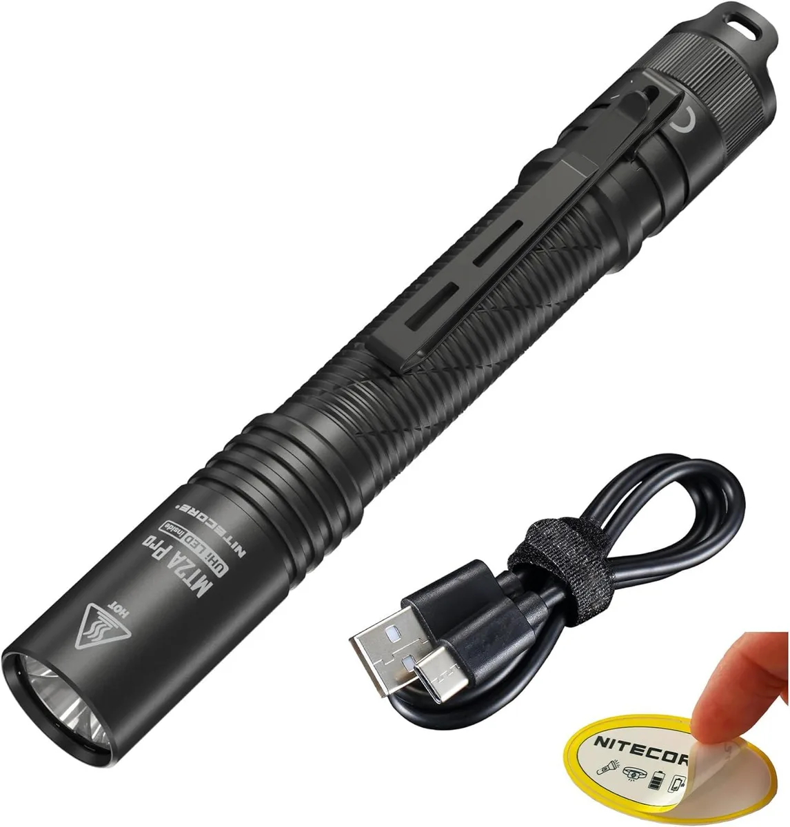 Compact silver penlight with tail switch, pocket clip and USB-C port