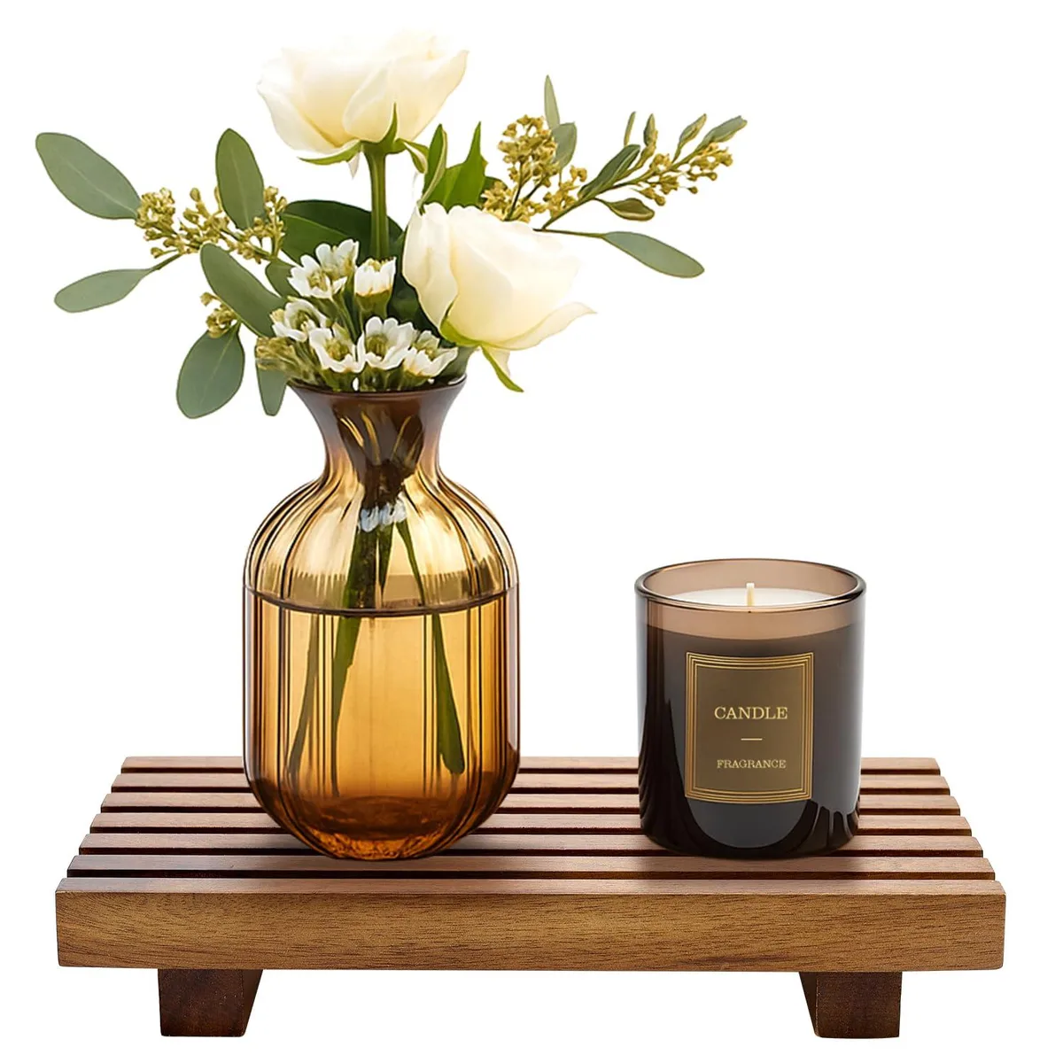 Light acacia wood riser tray with raised edges and smooth oiled finish