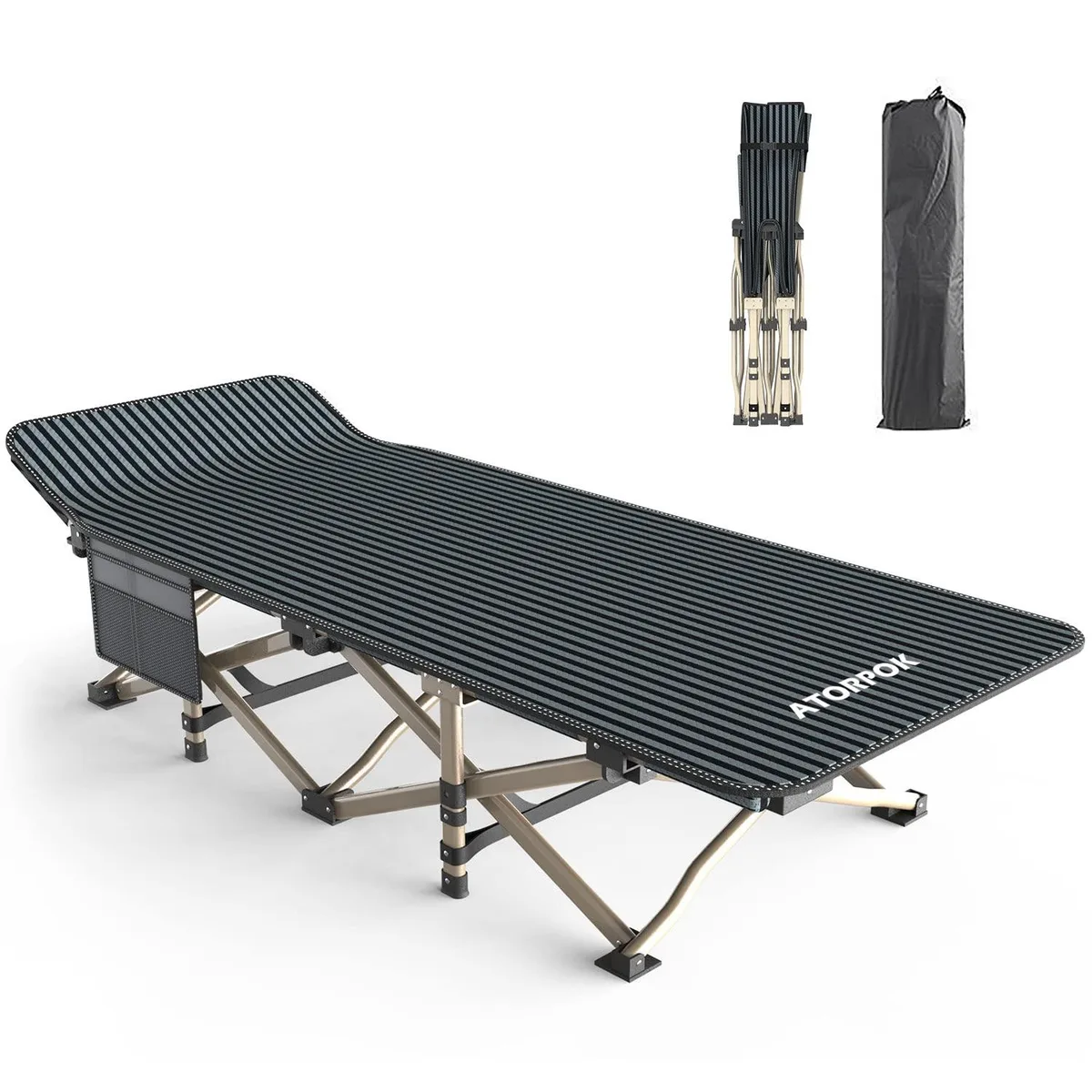 Folding camping cot with dark fabric on steel X-frame, carry bag included