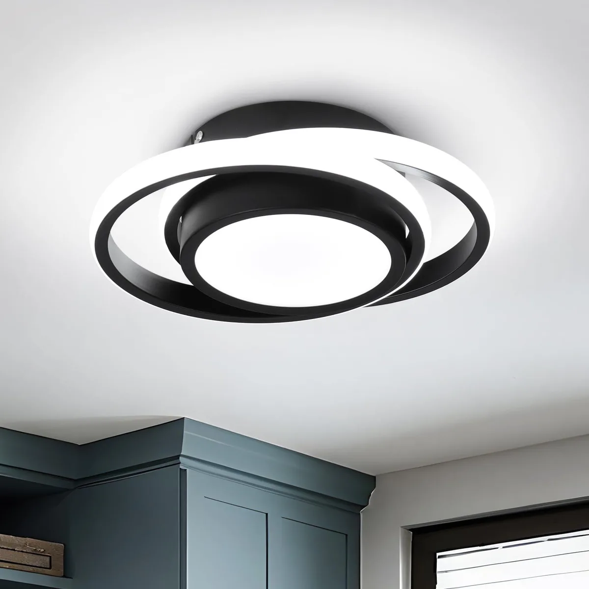 Black two-ring LED ceiling light, flush mount, acrylic diffuser