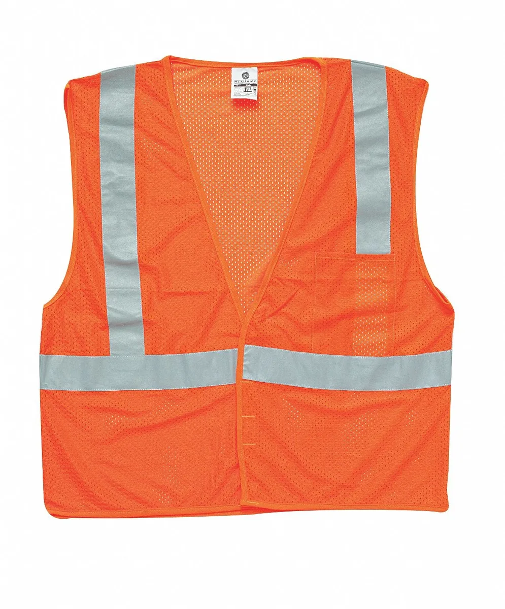 Orange polyester mesh high-visibility vest with silver U-back stripes, hook-and-loop front, two interior and two exterior pockets