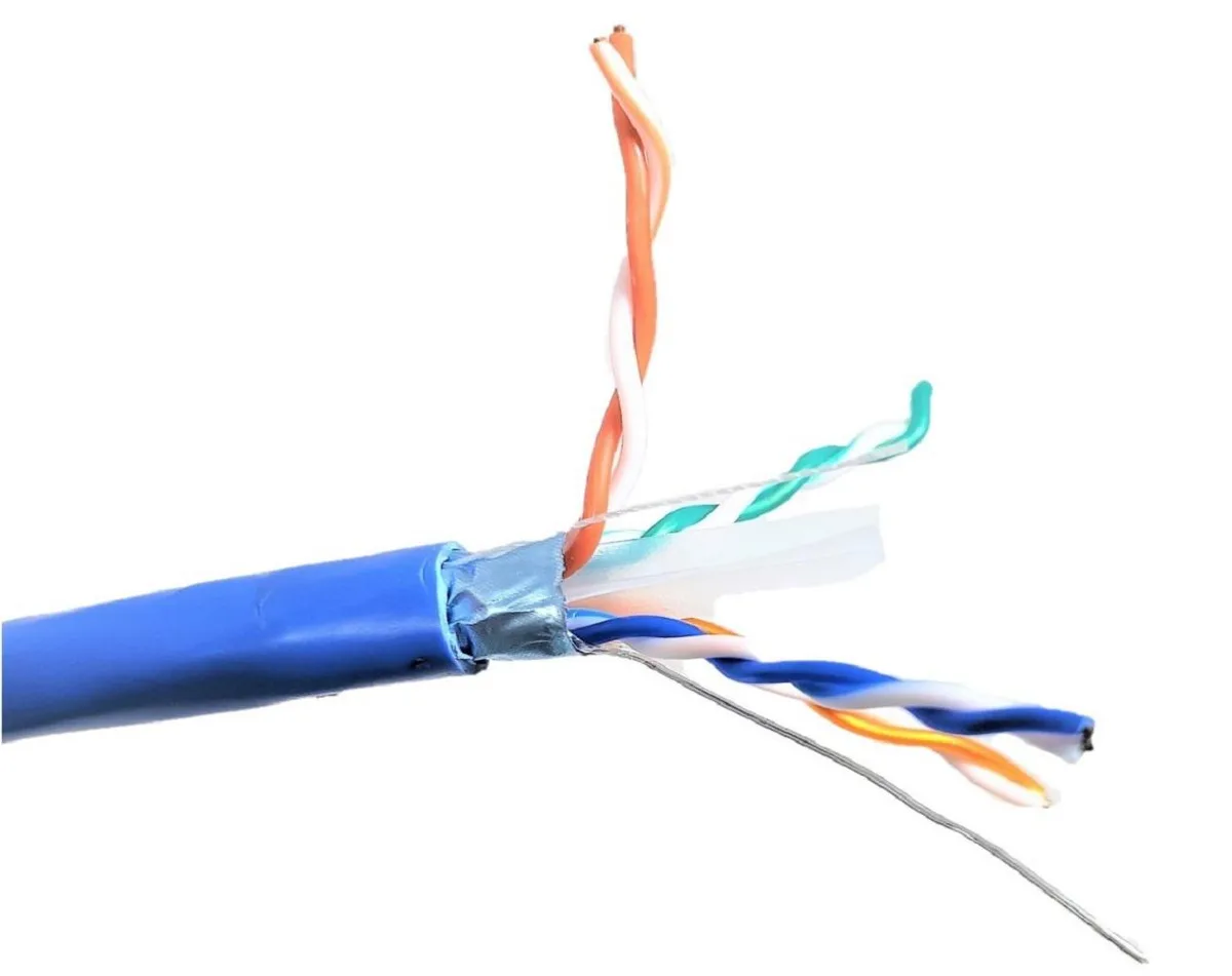 Blue outdoor Cat6 shielded bulk cable on a spool, 250 ft, 23 AWG solid copper, 7.0 mm diameter