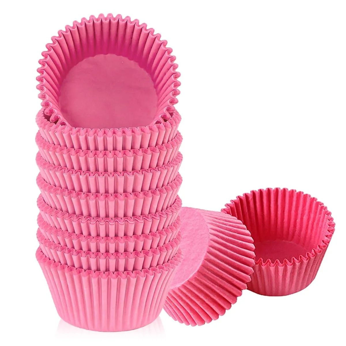 Stack of 500 mini pink paper cupcake liners in packaging