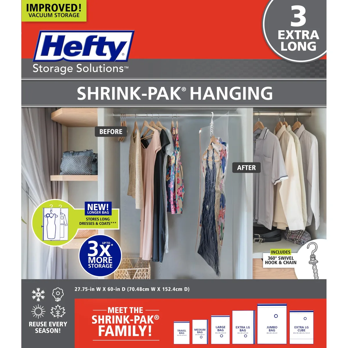 Three clear vacuum garment bags with dual-use valves and red yellow zippers, 60 by 27 inches