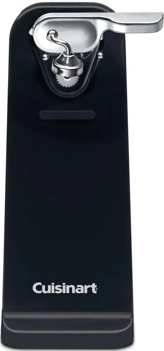 Black Cuisinart automatic can opener, upright cylindrical body with stainless steel cutting arm, wide non-slip base