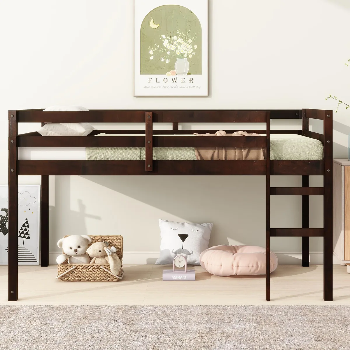 Espresso-finished rubber wood twin loft bed with ladder and 13 slats