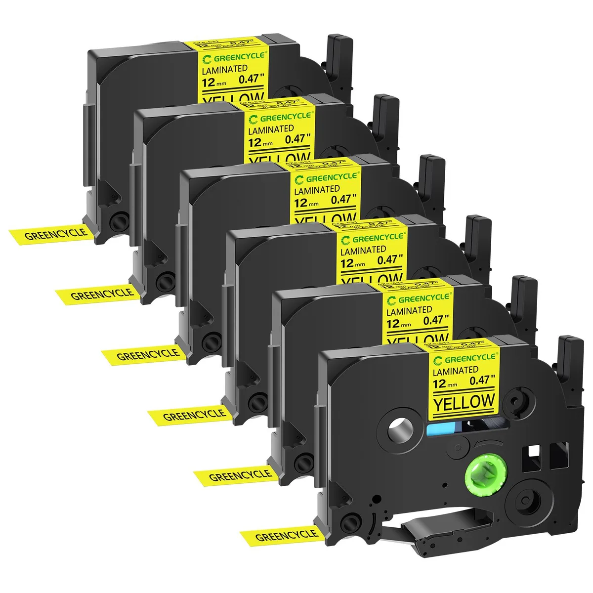 GREENCYCLE GREENCYCLE TZe-631 12mm 26.2ft Black on Yellow Laminated Label Tape 6 Pack — product photo