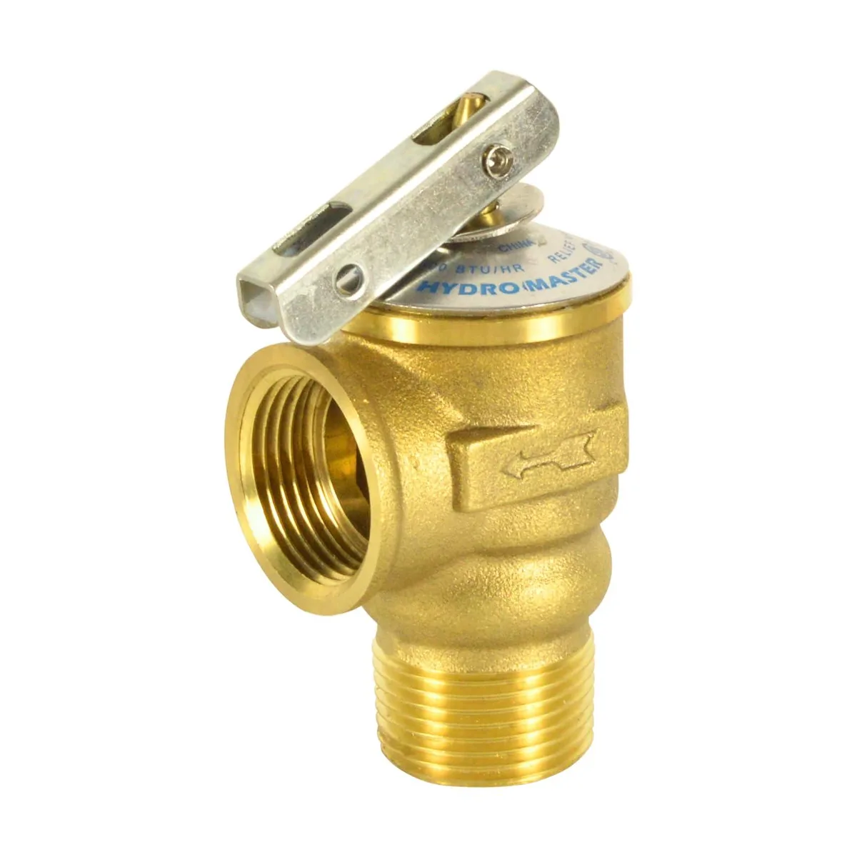 Brass safety relief valve with 3/4 inch threaded connections and integrated drain valve