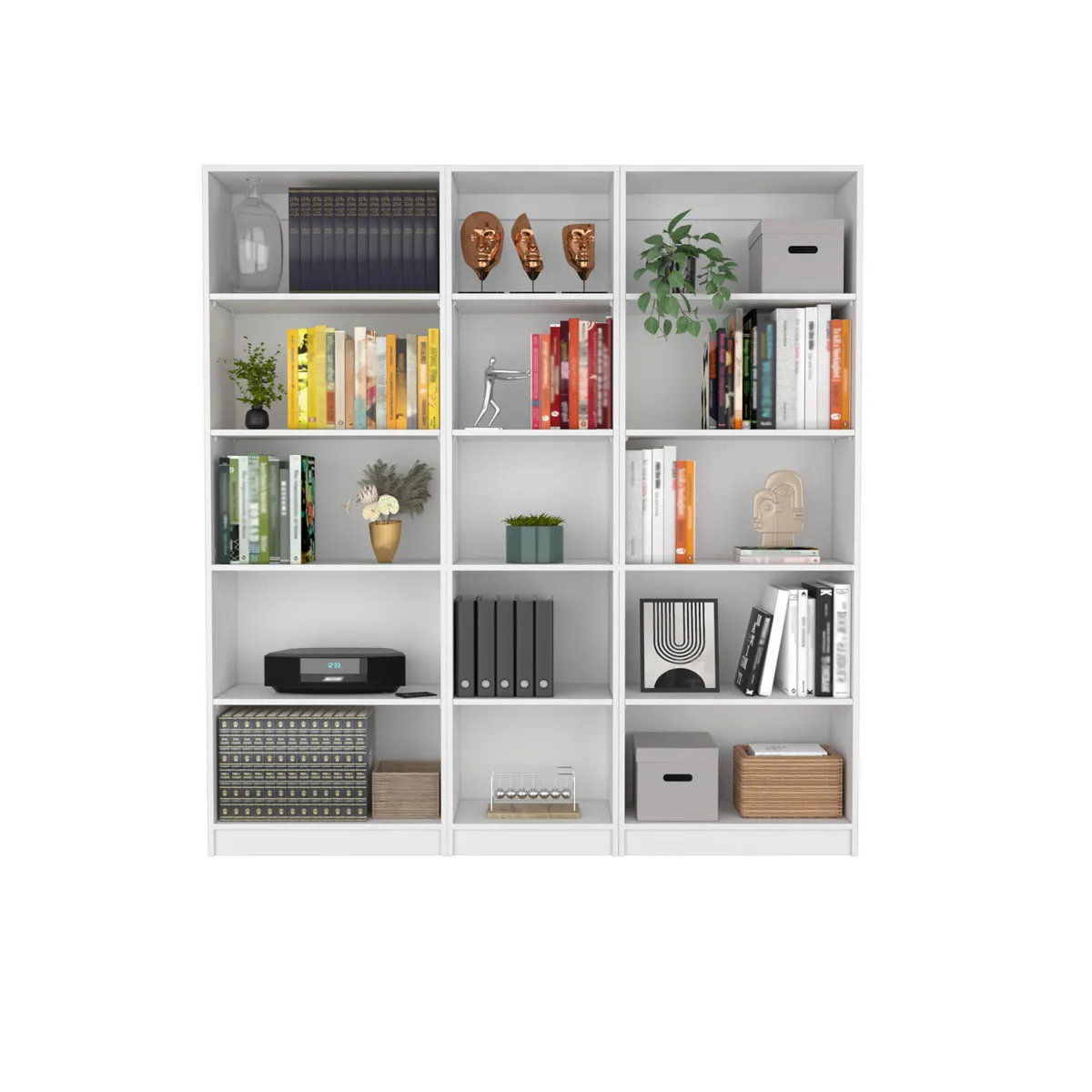 Three white bookcases, two tall four-shelf units and one small unit, manufactured wood finish