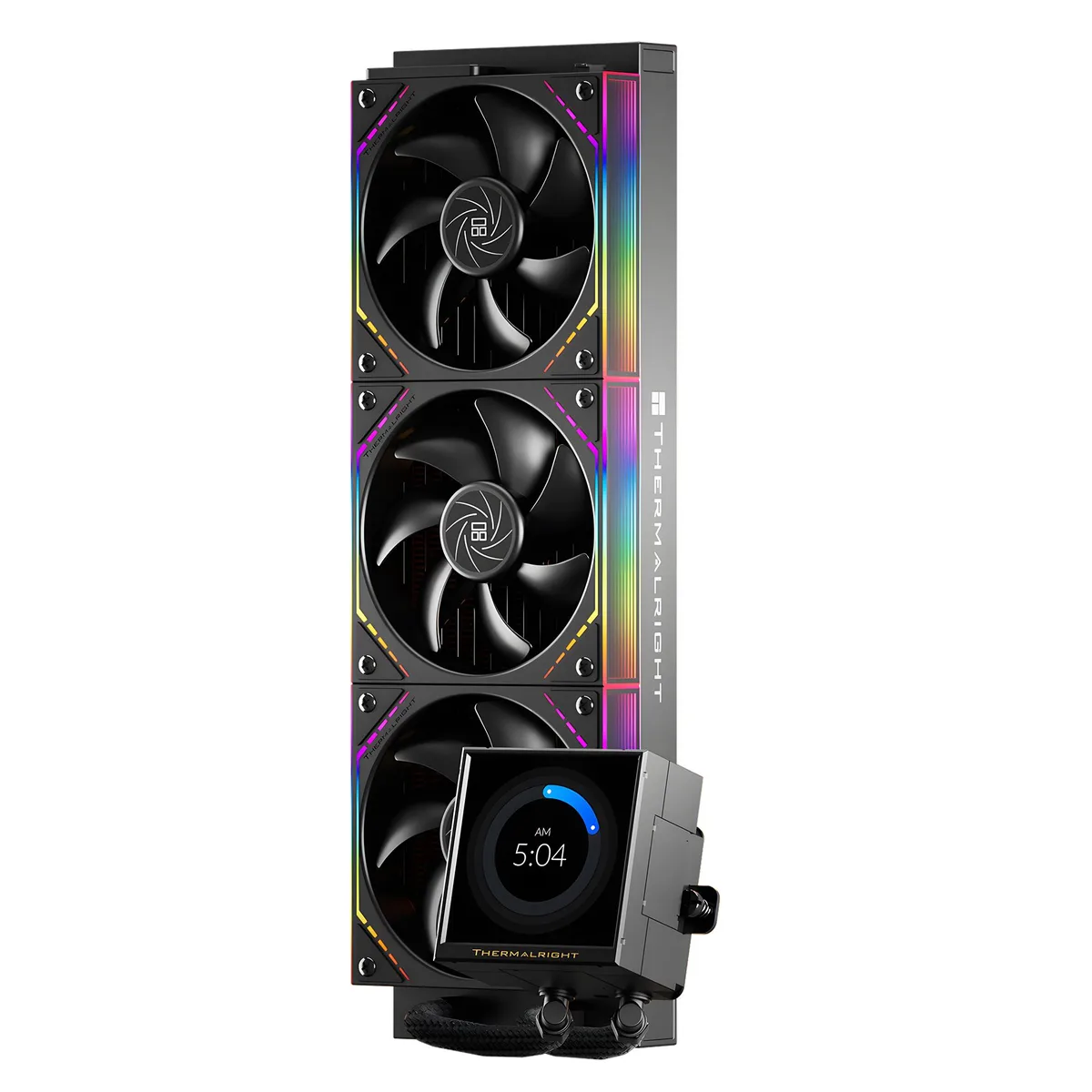 Black 360 mm AIO liquid cooler with square LCD pump head and three 120 mm ARGB fans