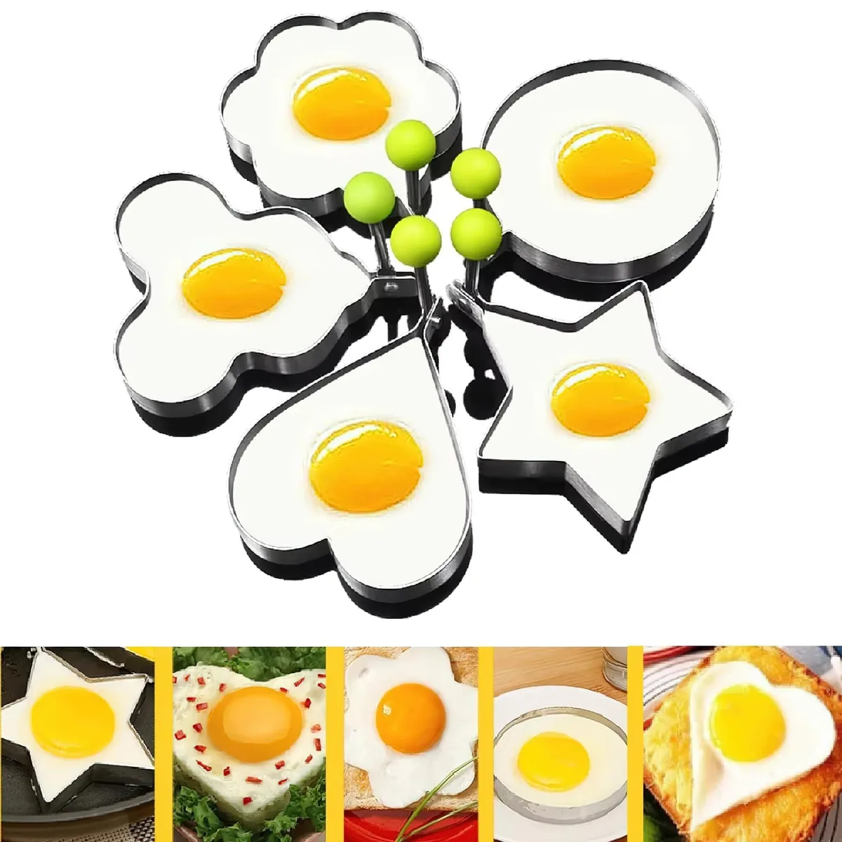 Five stainless steel egg rings in assorted shapes with ball-tip handles, silver finish