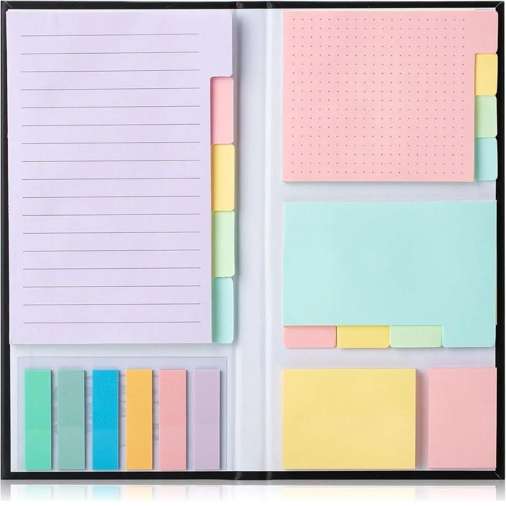 Pack of 410 pastel sticky notes in 3x3 and 3x5 inch sizes