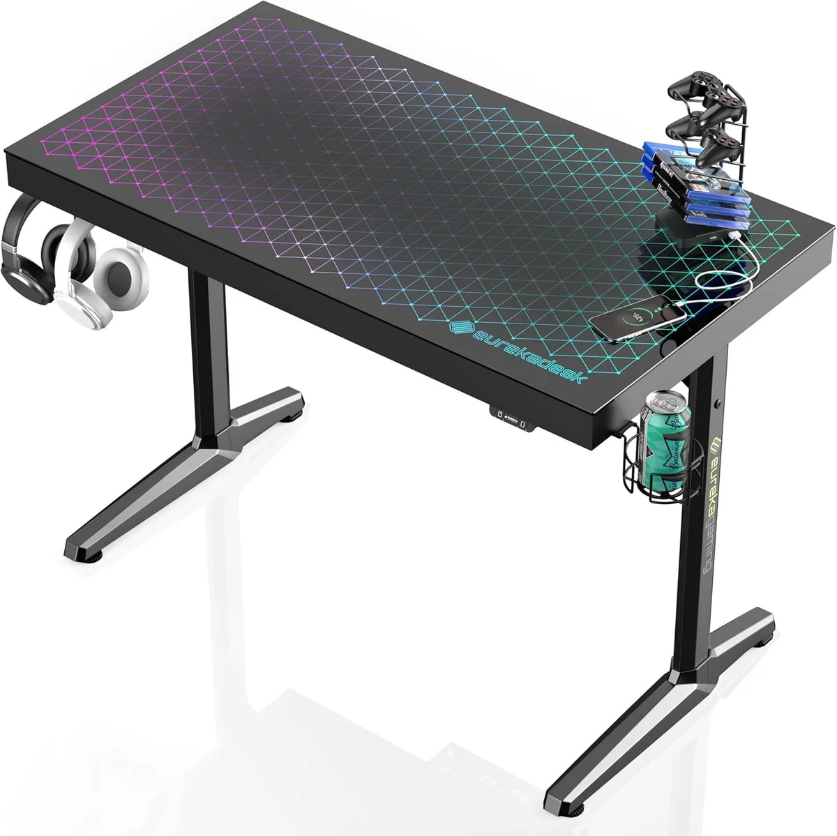 PISKEKAT PISKEKAT GTG I43 43" Tempered Glass Gaming Desk with RGB, 4 USB, Controller Rack — product photo