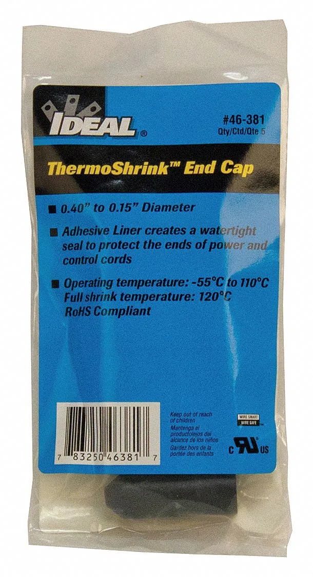 Black adhesive-lined heat shrink end cap, medium wall, 3:1 shrink ratio, 1.75 in length