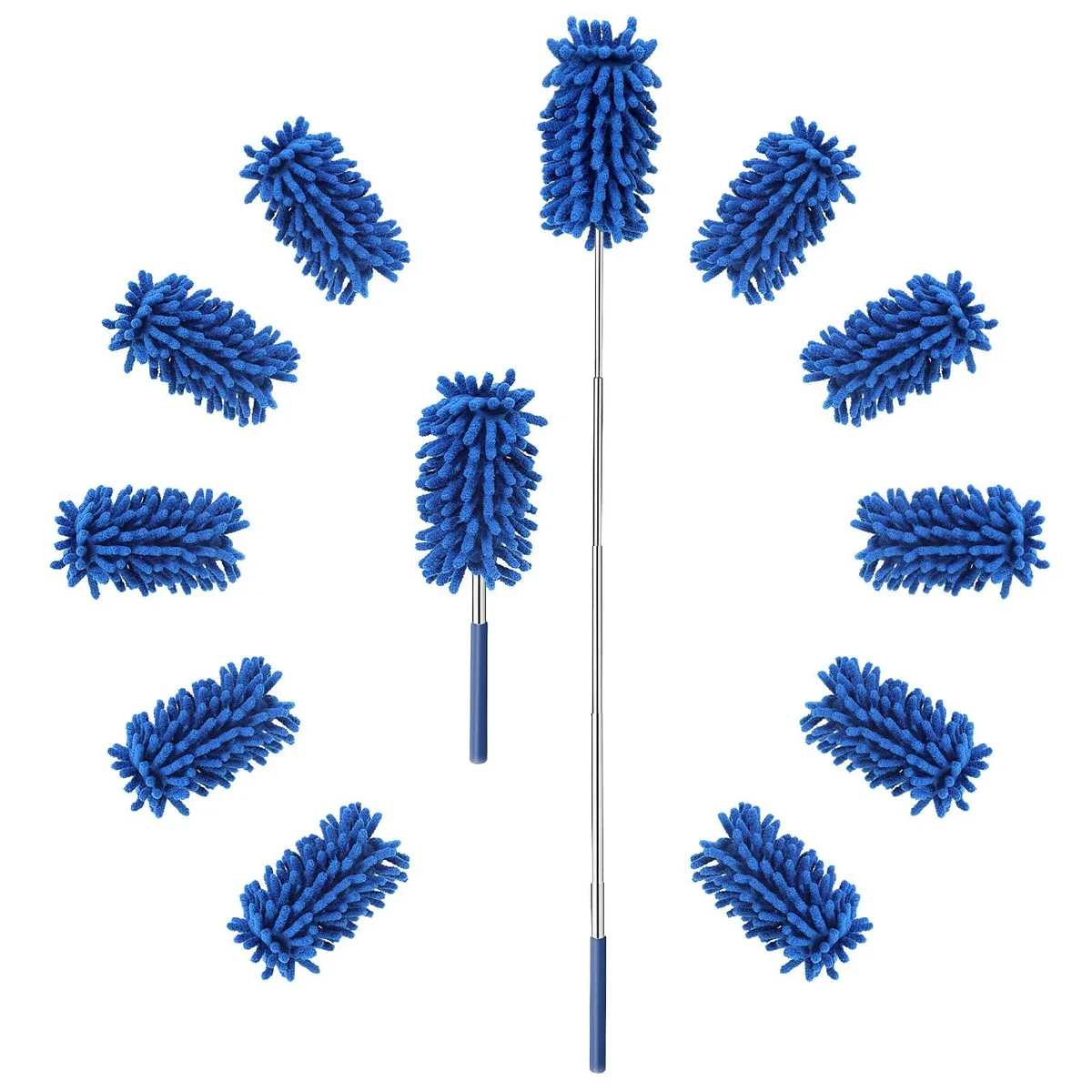 Blue microfiber duster set with 12 heads, two telescoping poles extending 11 to 30 inches, 360-degree heads