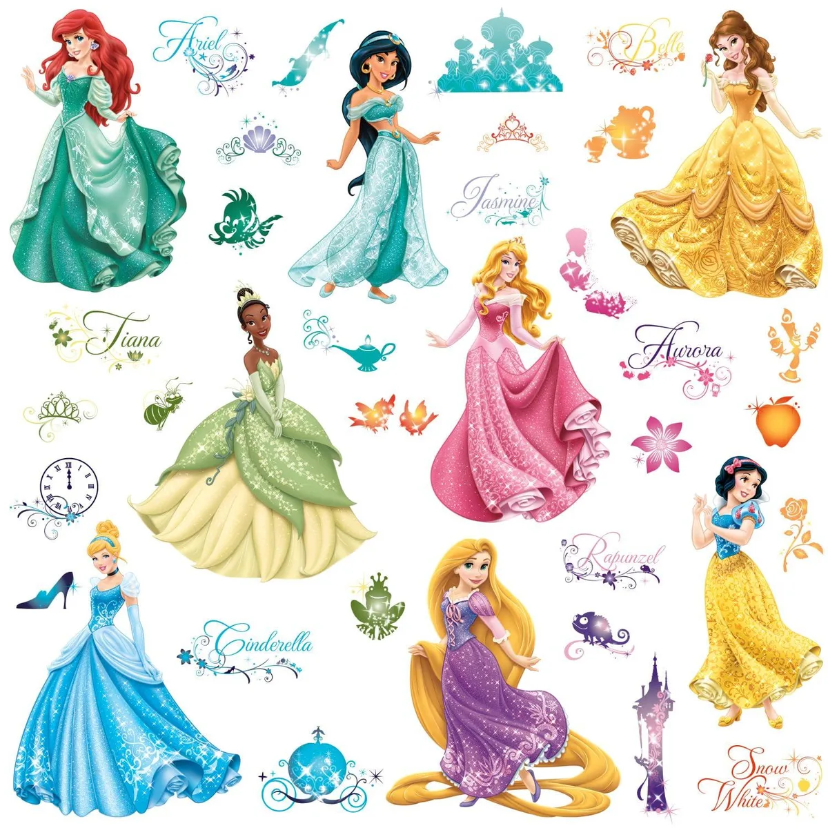 Sheet of 37 Disney Princess peel-and-stick wall decals in multi-colour finish
