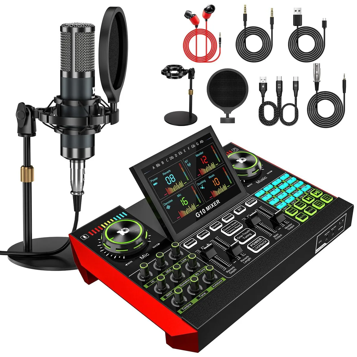tenlamp G10 audio mixer bundle with P15 condenser microphone, stand, headphones and cables