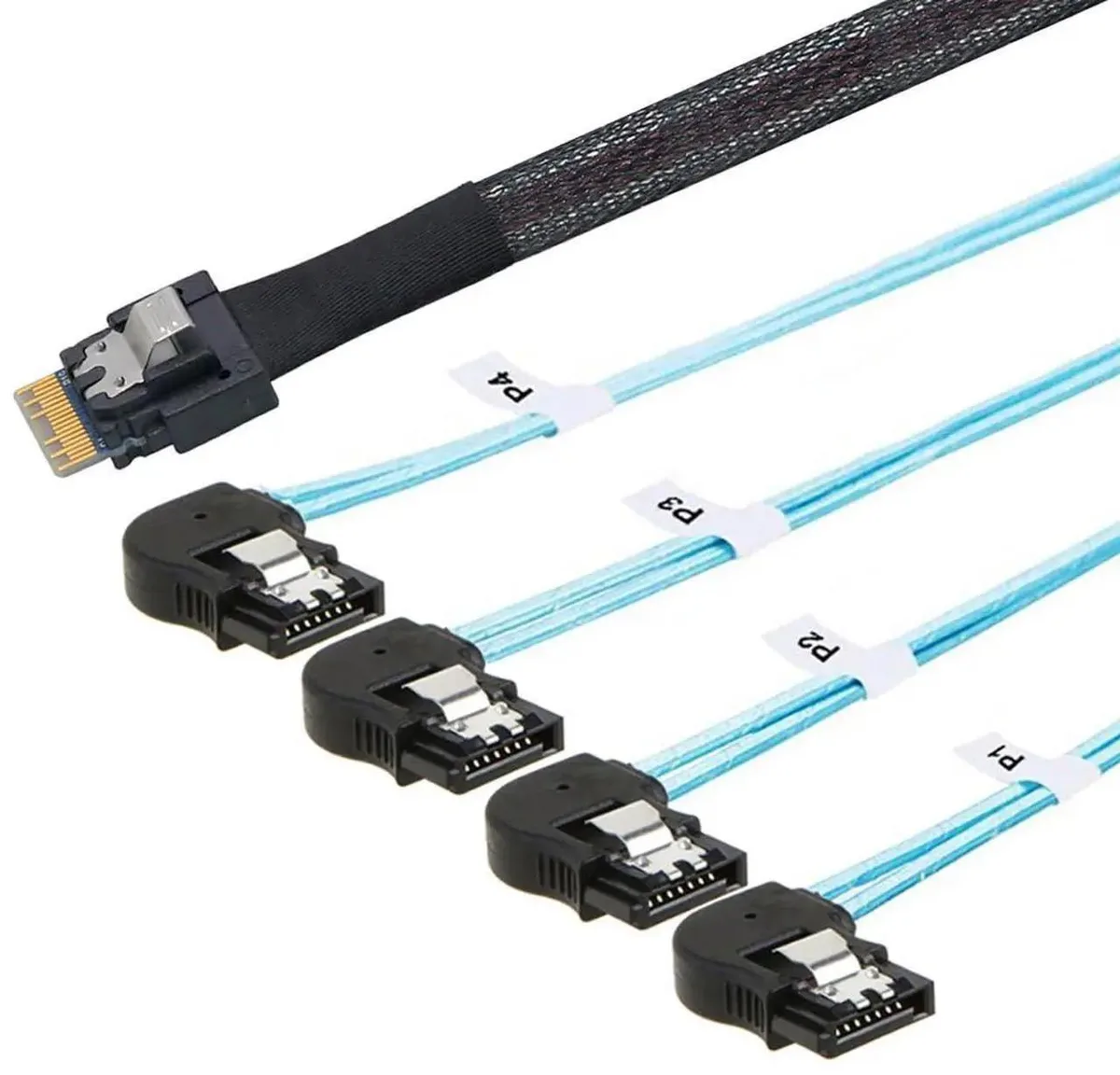 SMUGDESK SMUGDESK .5M PCIe SAS 4.0 SFF8654 38Pin to 4×SATA 7Pin LeftAngle Cable — product photo