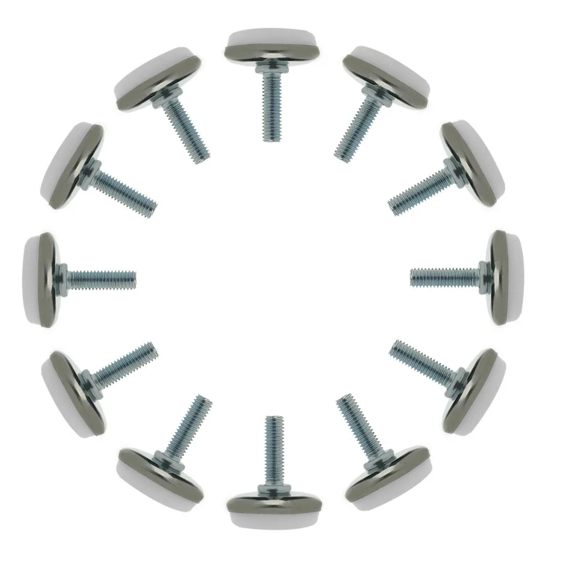 Twelve M6 leveling feet with threaded stems and round plastic bases
