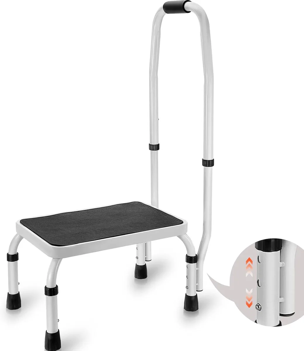 Single-step steel stool with adjustable handrail and non-slip platform