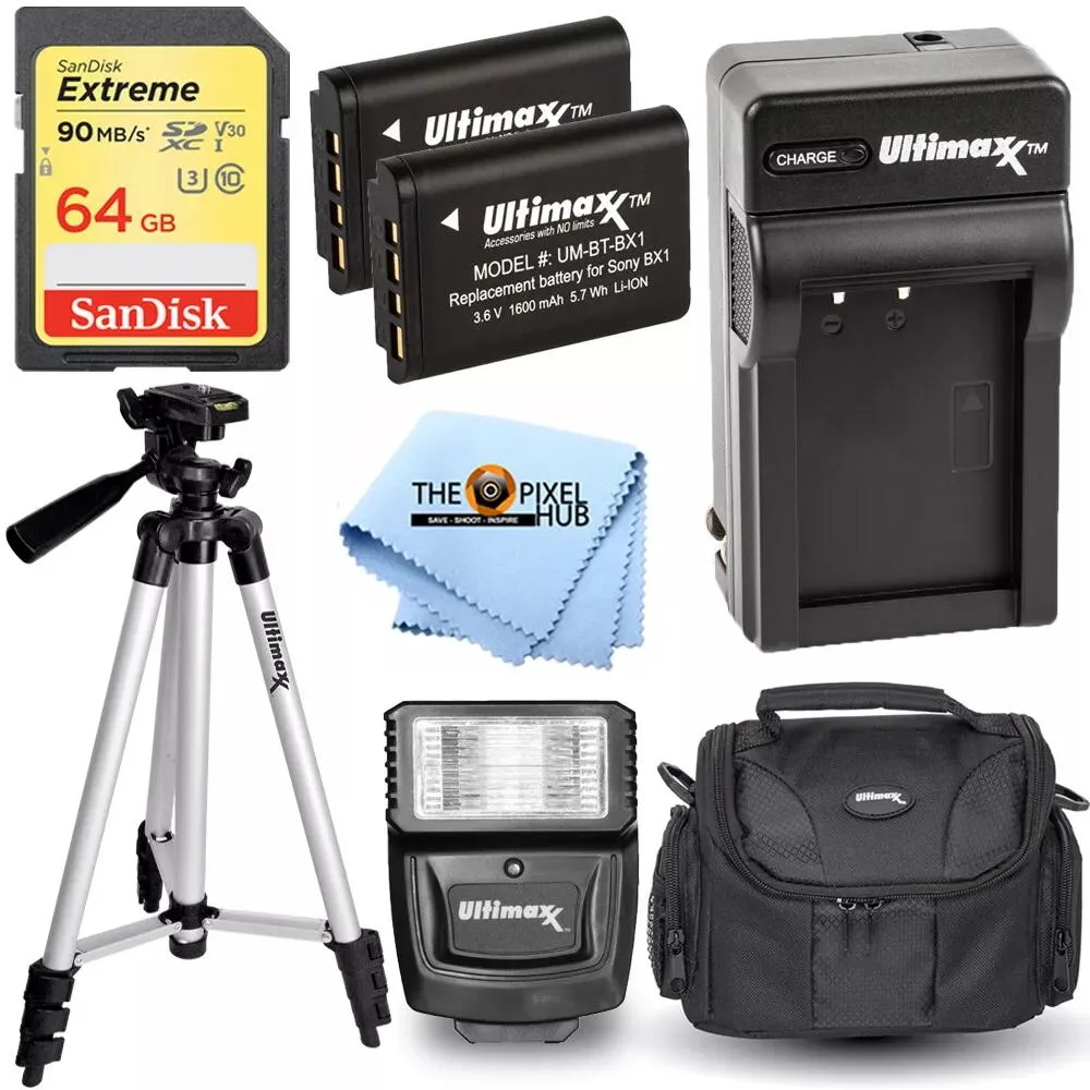 Sony Sony NP-BX1 Battery Charger Kit with 64GB SD Card, 2×1600mAh Batteries, 50/57 Tripod, Bag, Flash, Cloth — product photo